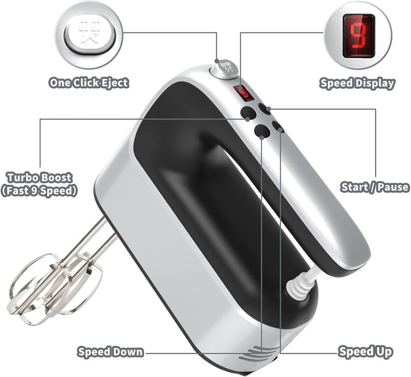 Yomelo 9-Speed Digital Hand Mixer Electric, 400W Powerful DC Motor, Hand Mixer Electric Handheld with Snap-On Storage Case, 5 Stainless Steel Accessories, Beaters, Dough Hooks, Whisk(Silvery Black) - Image 2